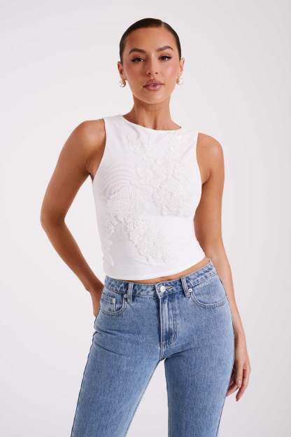 Luci Beaded Flower Mesh Top - White-My Chic Way.All Rights Reserved