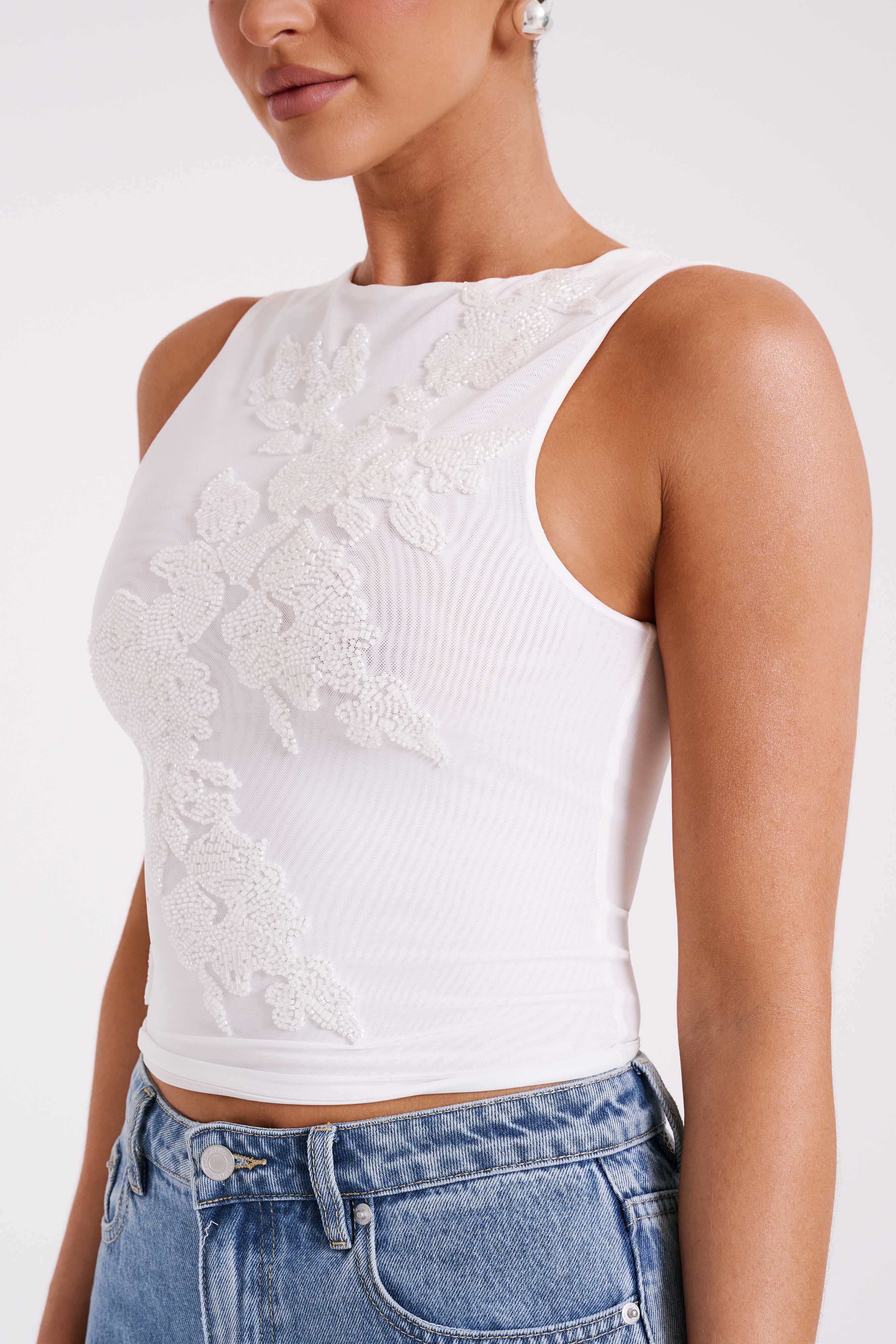 Luci Beaded Flower Mesh Top - White-My Chic Way.All Rights Reserved