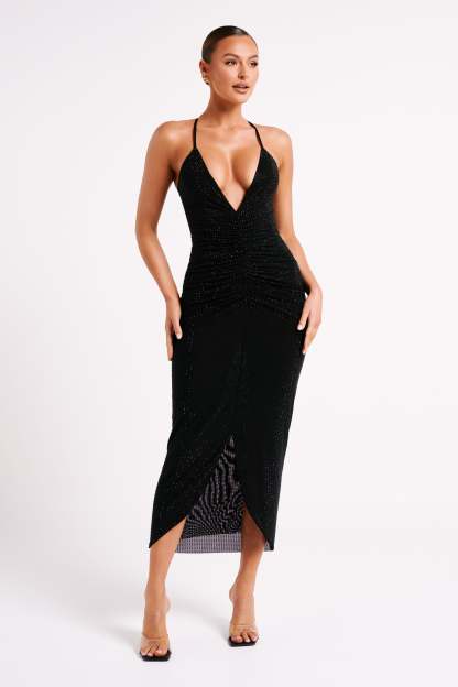 Emeraude Diamante Ruched Midi Dress - Black-My Chic Way.All Rights Reserved