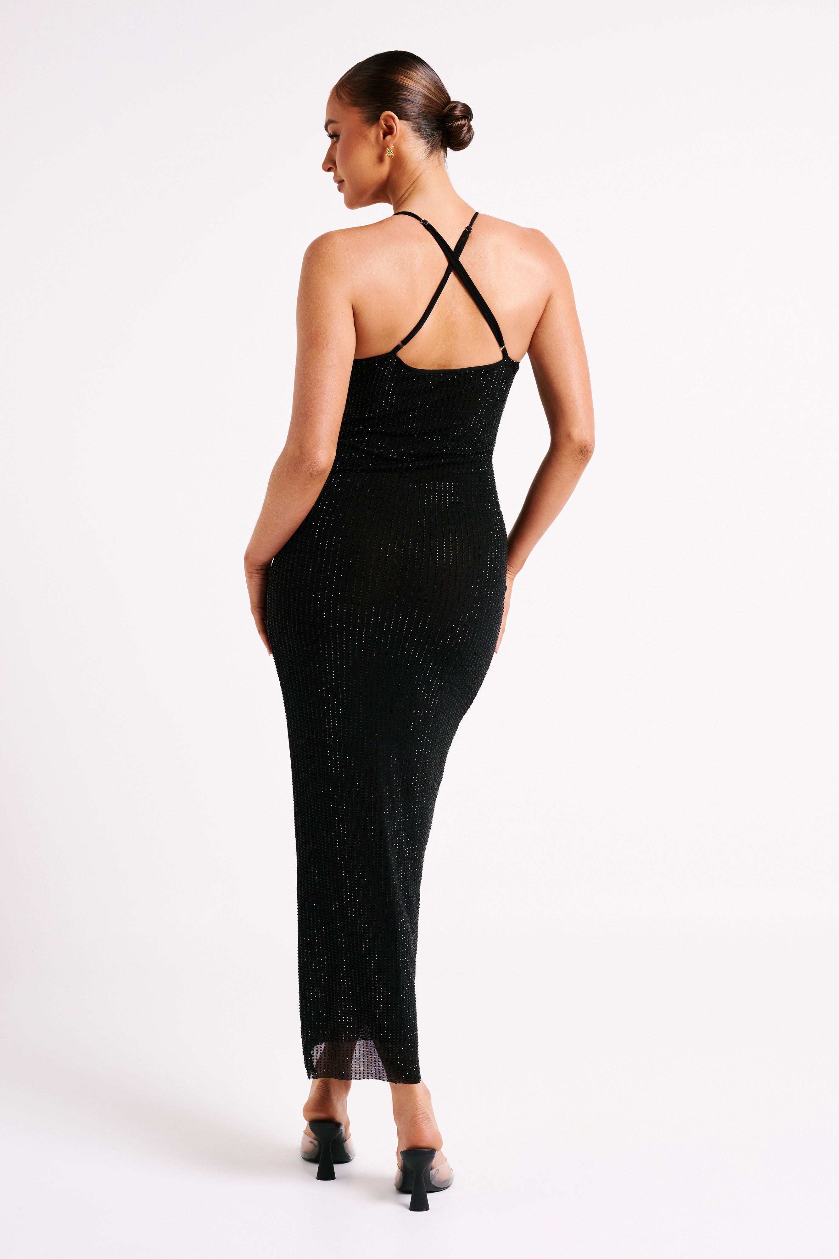 Emeraude Diamante Ruched Midi Dress - Black-My Chic Way.All Rights Reserved