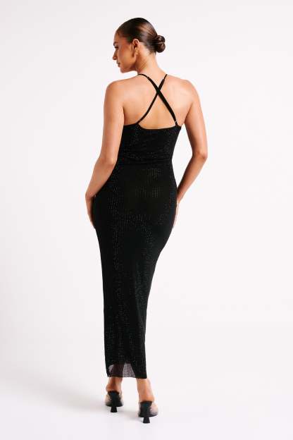 Emeraude Diamante Ruched Midi Dress - Black-My Chic Way.All Rights Reserved