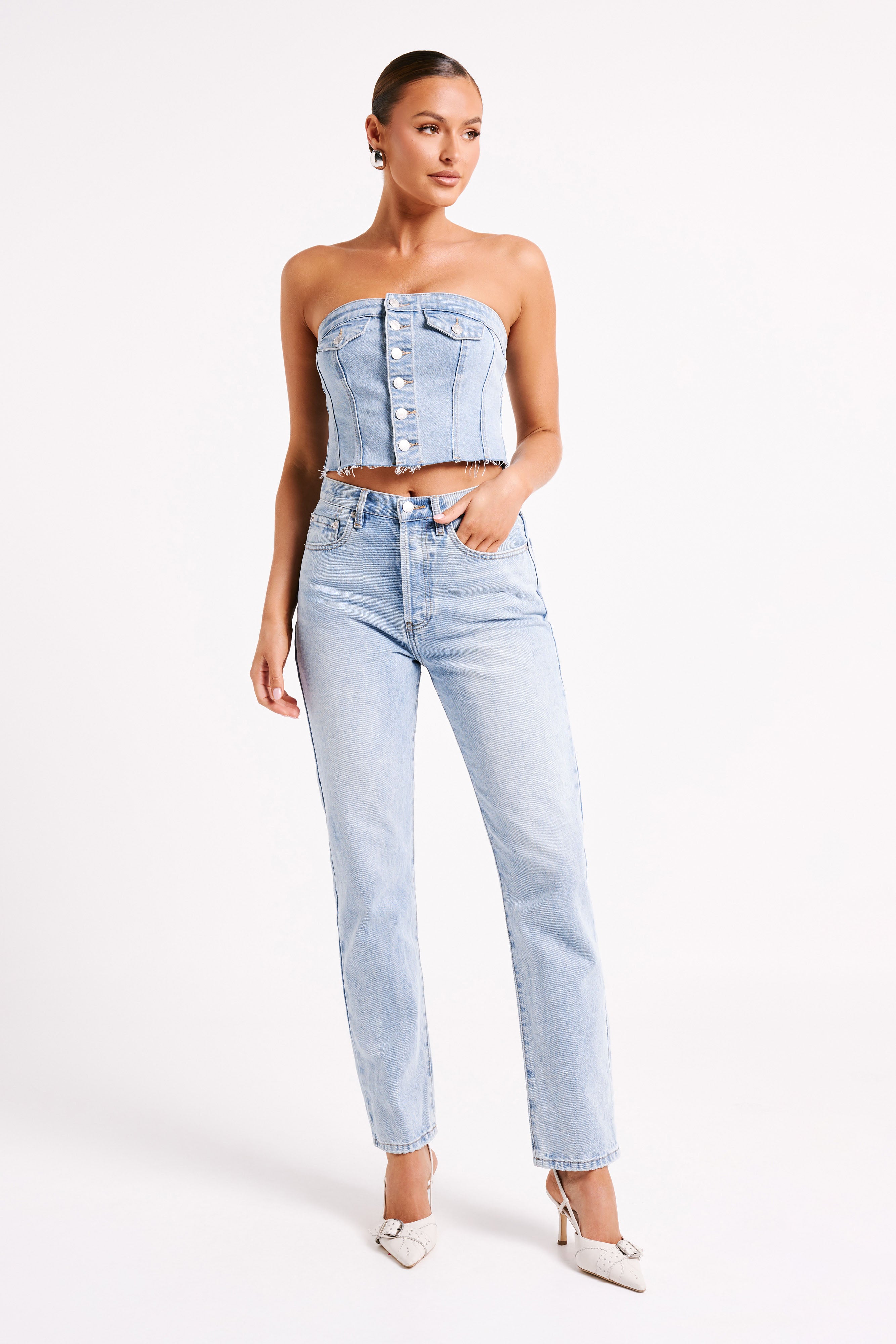 Sandy Buttoned Denim Tube Top - Mid Blue-My Chic Way.All Rights Reserved