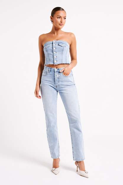 Sandy Buttoned Denim Tube Top - Mid Blue-My Chic Way.All Rights Reserved