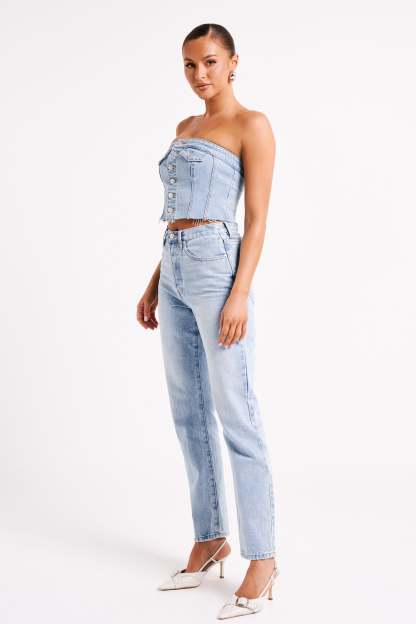 Sandy Buttoned Denim Tube Top - Mid Blue-My Chic Way.All Rights Reserved