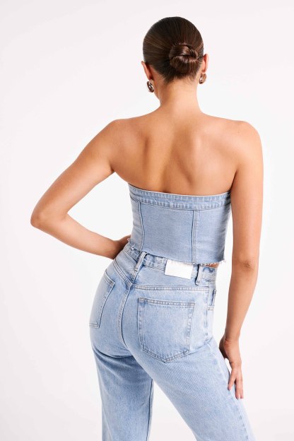 Sandy Buttoned Denim Tube Top - Mid Blue-My Chic Way.All Rights Reserved