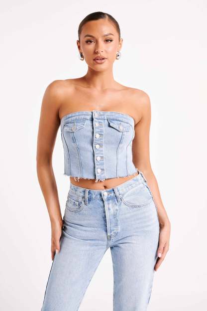 Sandy Buttoned Denim Tube Top - Mid Blue-My Chic Way.All Rights Reserved