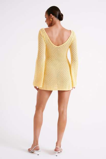 Kayleigh Crochet Knit Mini Dress - Lemon-My Chic Way.All Rights Reserved