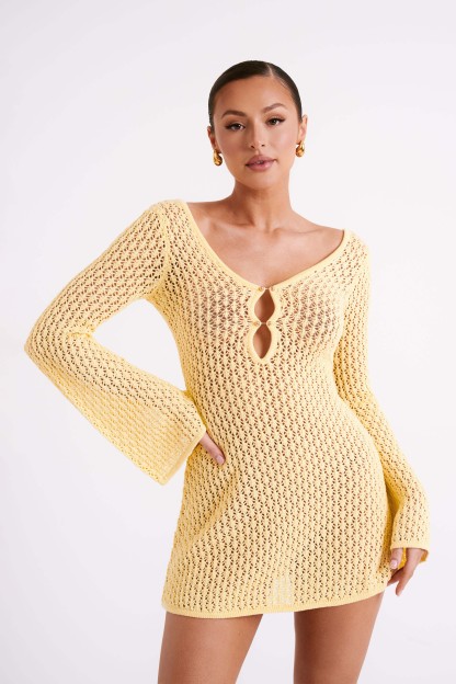 Kayleigh Crochet Knit Mini Dress - Lemon-My Chic Way.All Rights Reserved