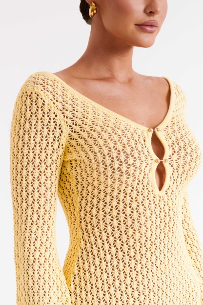 Kayleigh Crochet Knit Mini Dress - Lemon-My Chic Way.All Rights Reserved