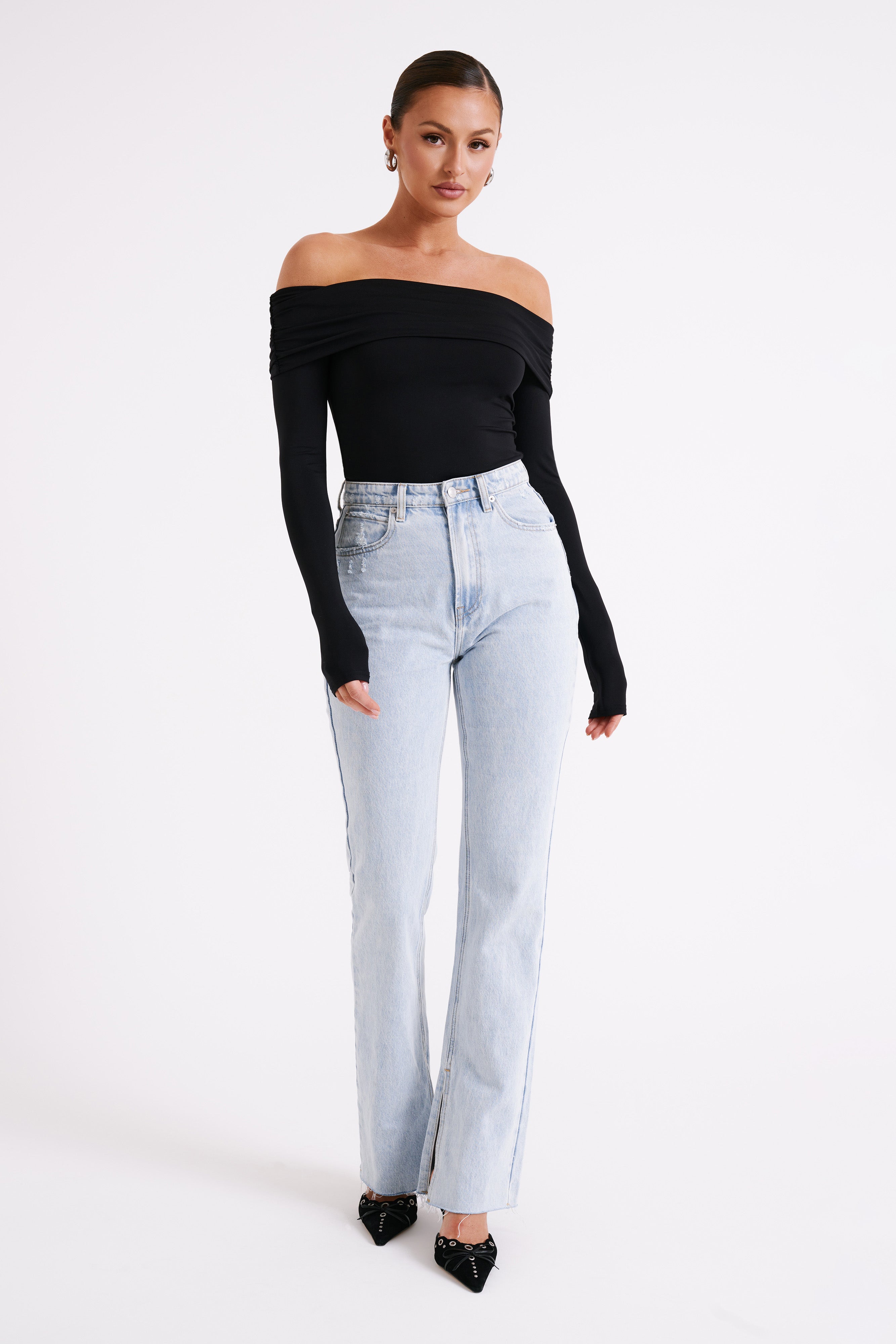 Lucinda Recycled Nylon Off Shoulder Top - Black-My Chic Way.All Rights Reserved