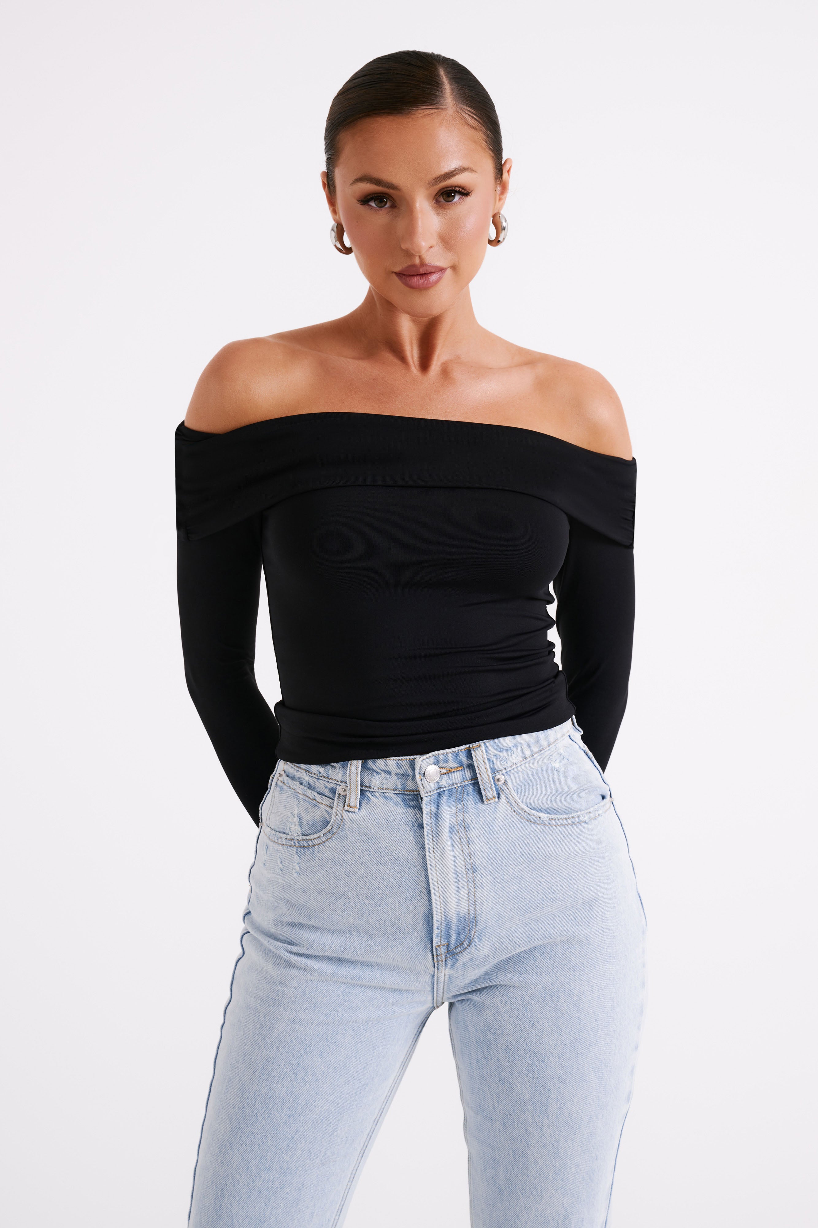 Lucinda Recycled Nylon Off Shoulder Top - Black-My Chic Way.All Rights Reserved