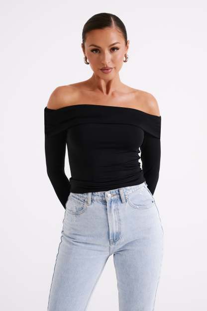 Lucinda Recycled Nylon Off Shoulder Top - Black-My Chic Way.All Rights Reserved