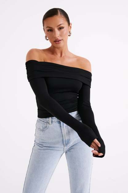 Lucinda Recycled Nylon Off Shoulder Top - Black-My Chic Way.All Rights Reserved