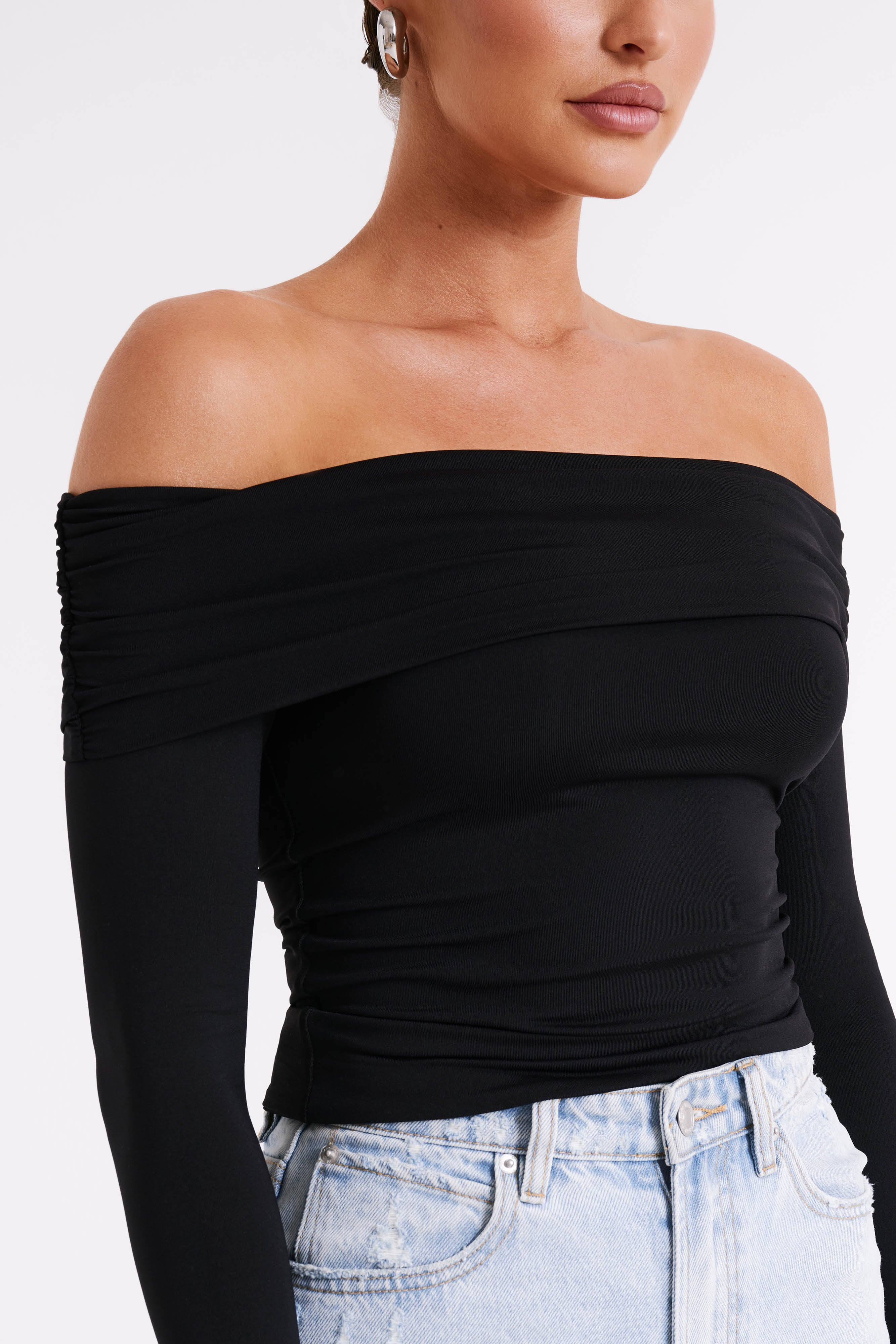 Lucinda Recycled Nylon Off Shoulder Top - Black-My Chic Way.All Rights Reserved