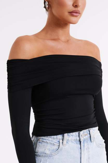 Lucinda Recycled Nylon Off Shoulder Top - Black-My Chic Way.All Rights Reserved