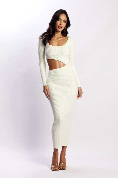 Gaia Cut Out Asymmetric Knitted Midi Dress - White-My Chic Way.All Rights Reserved