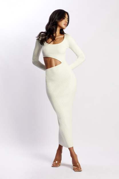 Gaia Cut Out Asymmetric Knitted Midi Dress - White-My Chic Way.All Rights Reserved