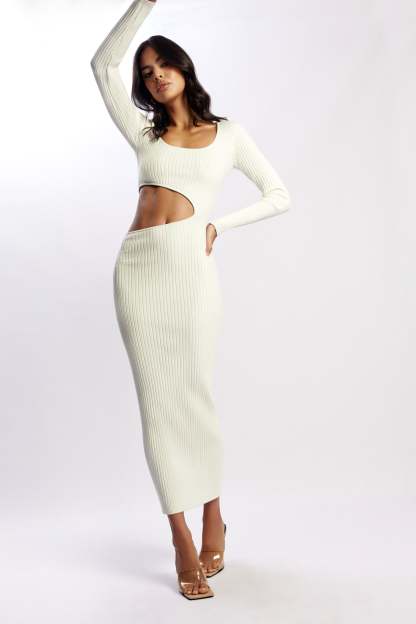 Gaia Cut Out Asymmetric Knitted Midi Dress - White-My Chic Way.All Rights Reserved