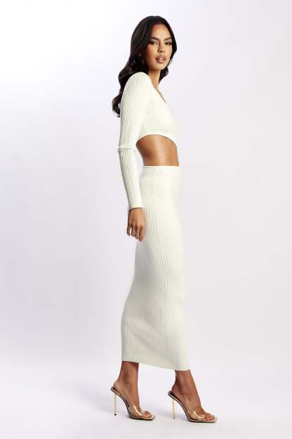 Gaia Cut Out Asymmetric Knitted Midi Dress - White-My Chic Way.All Rights Reserved