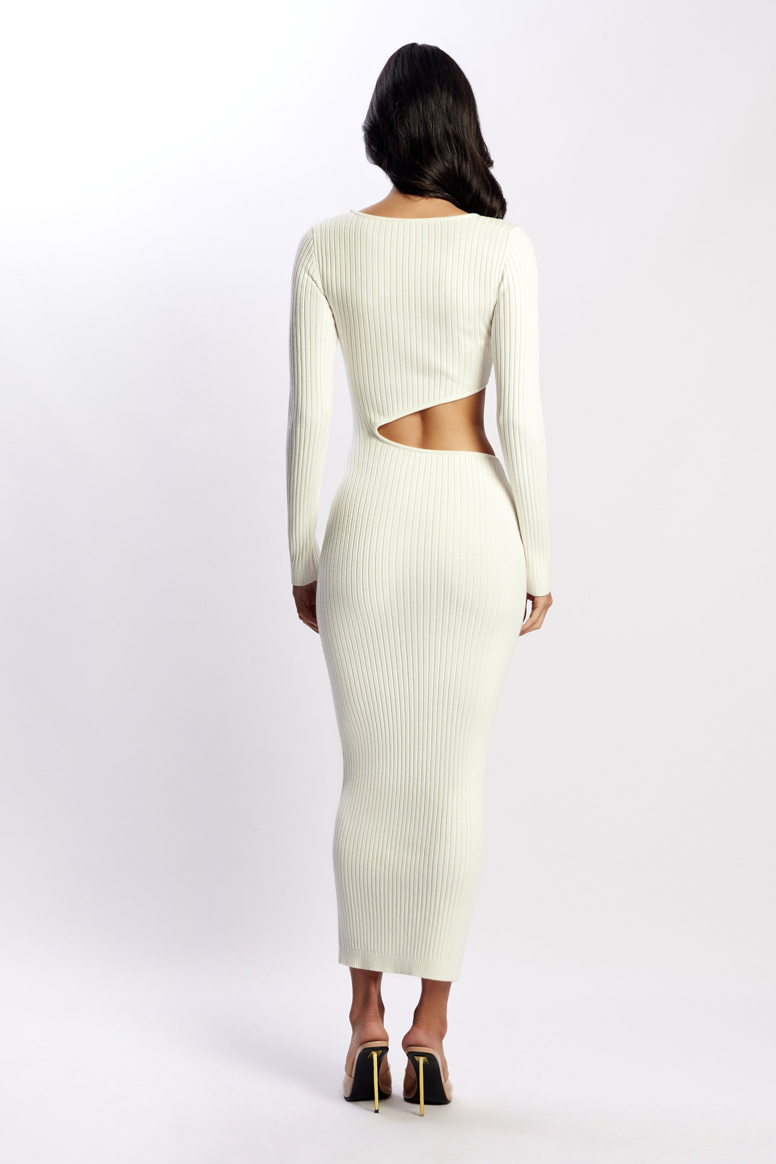 Gaia Cut Out Asymmetric Knitted Midi Dress - White-My Chic Way.All Rights Reserved