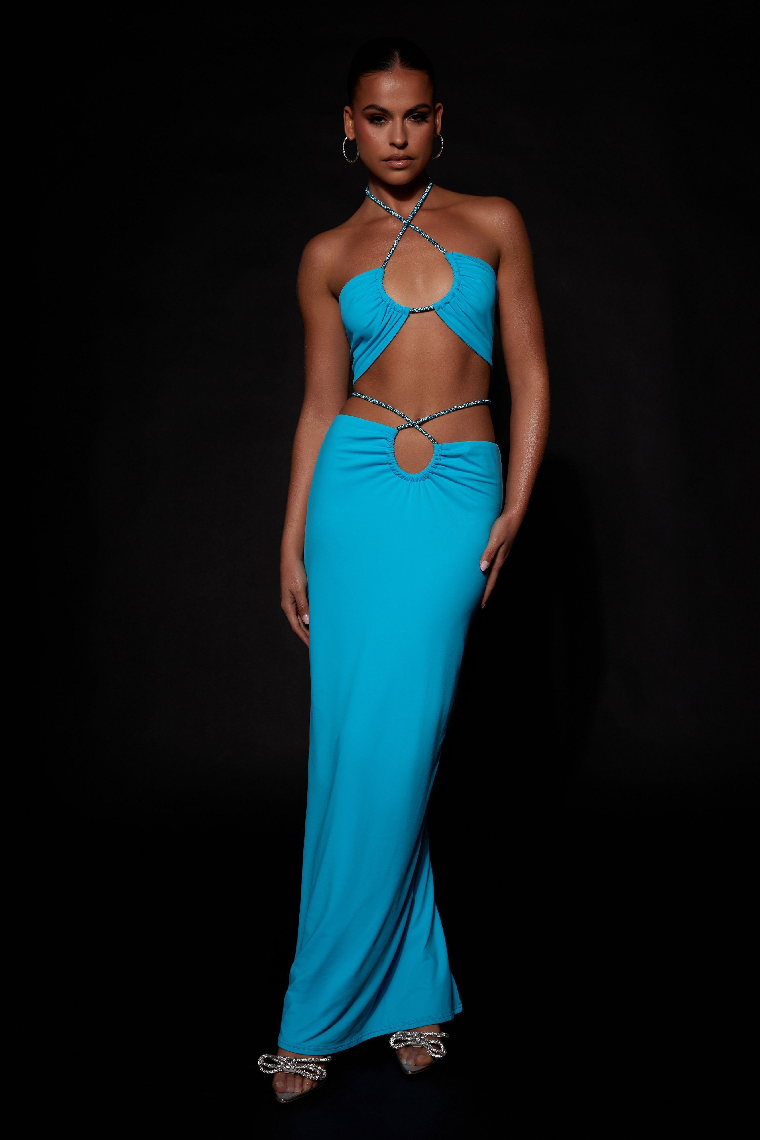 Ruby Diamante Rope Ruched Maxi Skirt - Cyan Blue-My Chic Way.All Rights Reserved