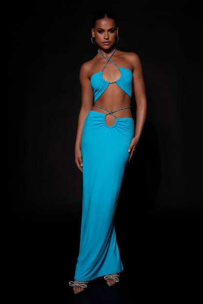 Ruby Diamante Rope Ruched Maxi Skirt - Cyan Blue-My Chic Way.All Rights Reserved