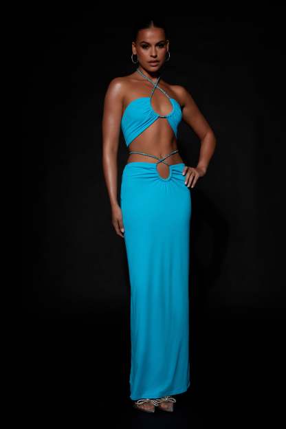 Ruby Diamante Rope Ruched Maxi Skirt - Cyan Blue-My Chic Way.All Rights Reserved