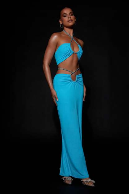 Ruby Diamante Rope Ruched Maxi Skirt - Cyan Blue-My Chic Way.All Rights Reserved