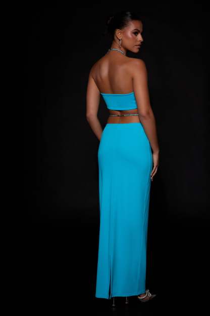 Ruby Diamante Rope Ruched Maxi Skirt - Cyan Blue-My Chic Way.All Rights Reserved