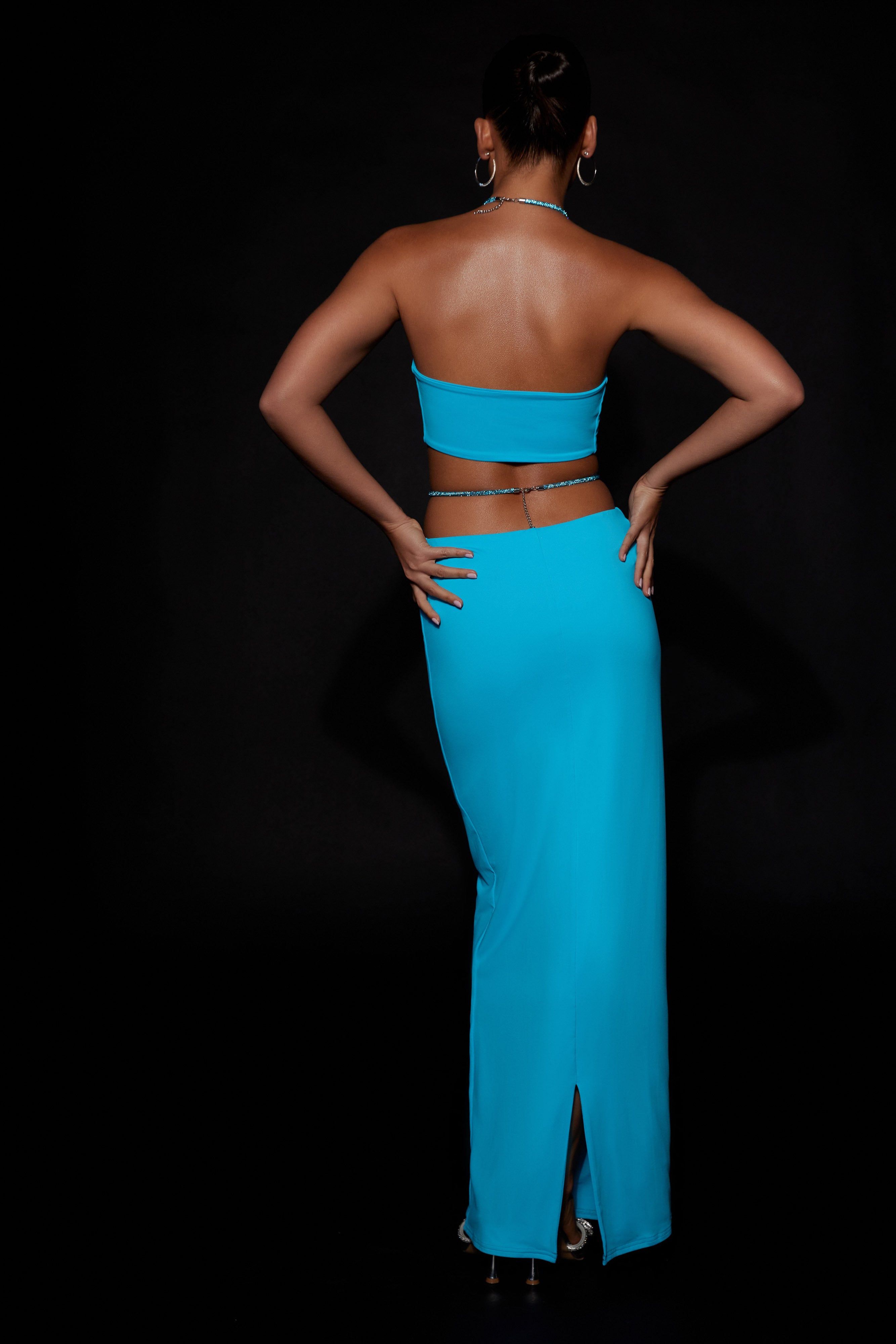 Ruby Diamante Rope Ruched Maxi Skirt - Cyan Blue-My Chic Way.All Rights Reserved