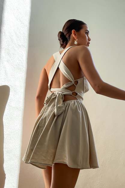 Loz Tie Back Linen Mini Dress - Natural-My Chic Way.All Rights Reserved