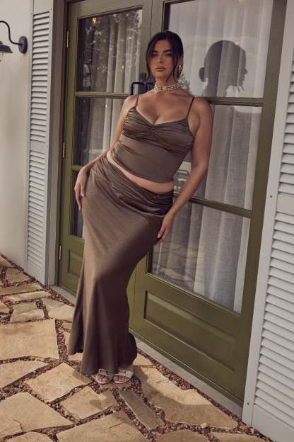 Khalani Ruched Satin Maxi Skirt - Khaki-My Chic Way.All Rights Reserved