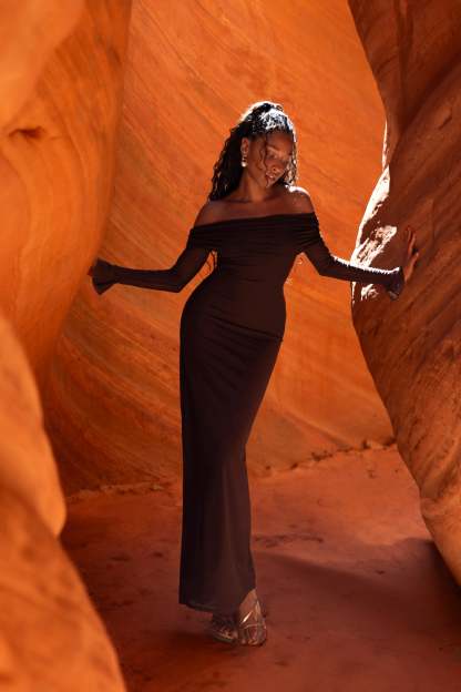 Josie Off Shoulder Mesh Maxi Dress - Dark Brown-My Chic Way.All Rights Reserved