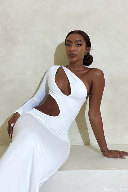 Joyce One Shoulder Cut Out Maxi Dress - White-My Chic Way.All Rights Reserved