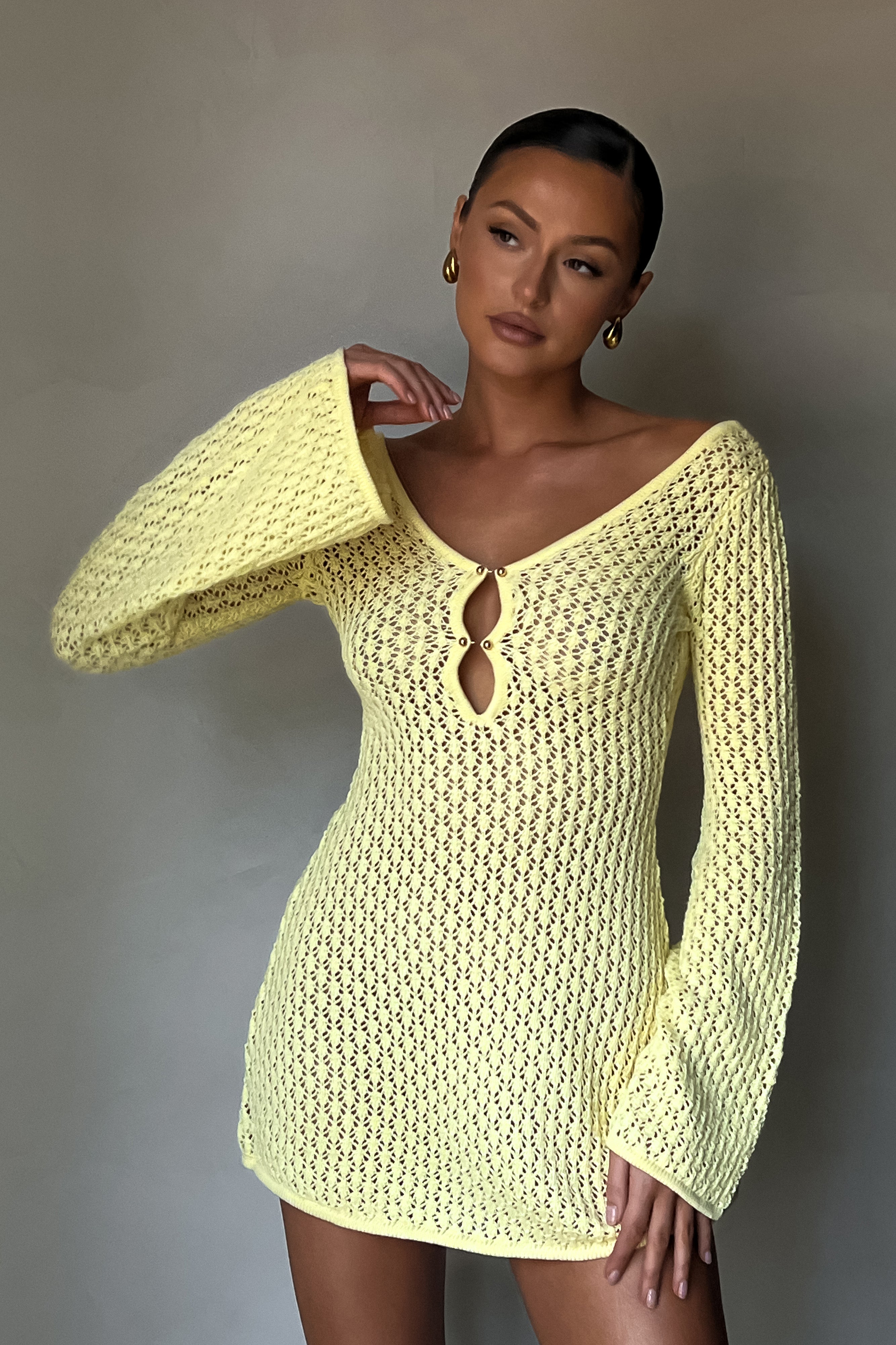 Kayleigh Crochet Knit Mini Dress - Lemon-My Chic Way.All Rights Reserved
