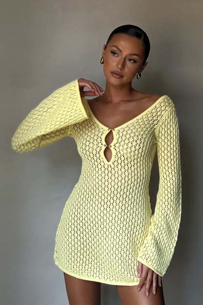 Kayleigh Crochet Knit Mini Dress - Lemon-My Chic Way.All Rights Reserved