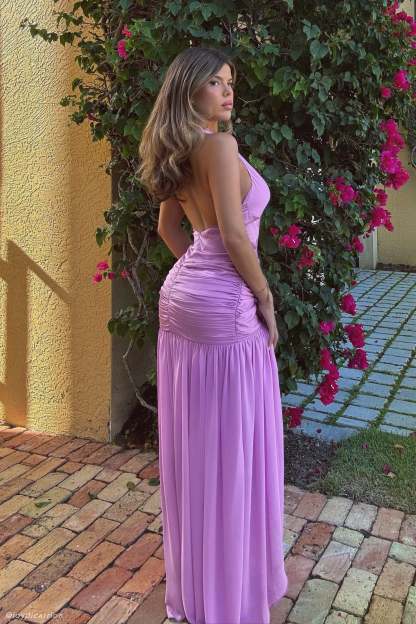 Graziana Satin Chiffon Plunge Maxi Dress - Violet-My Chic Way.All Rights Reserved