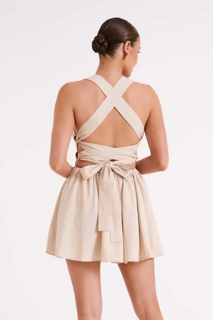 Loz Tie Back Linen Mini Dress - Natural-My Chic Way.All Rights Reserved