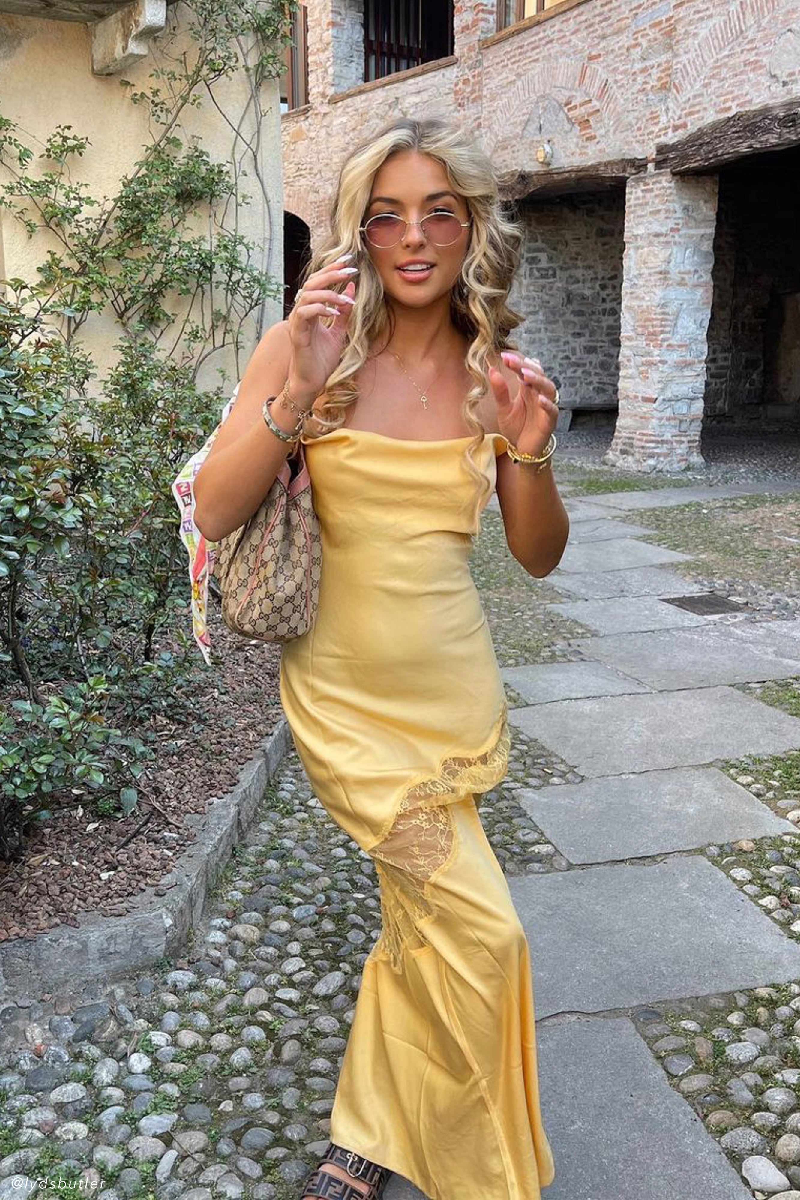 Chandra Lace Detail Satin Maxi Dress - Lemon-My Chic Way.All Rights Reserved