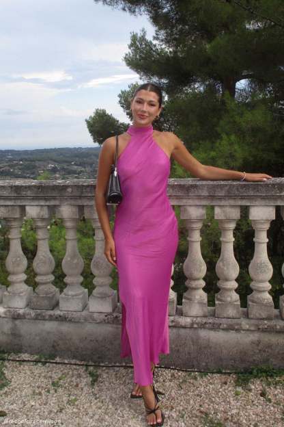 Claire Satin Drape Back Maxi Dress with Split - Pink-My Chic Way.All Rights Reserved
