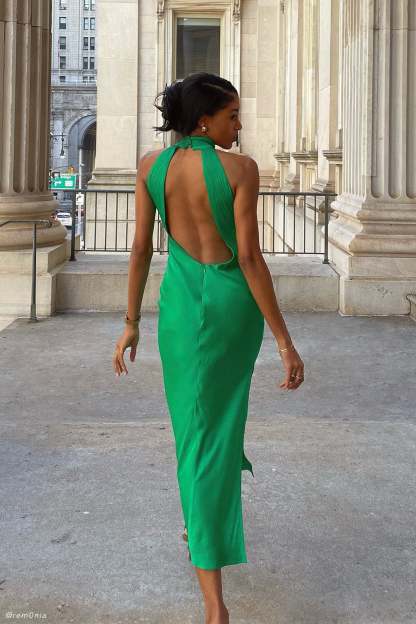 Claire Satin Drape Back Maxi Dress with Split - Green-My Chic Way.All Rights Reserved