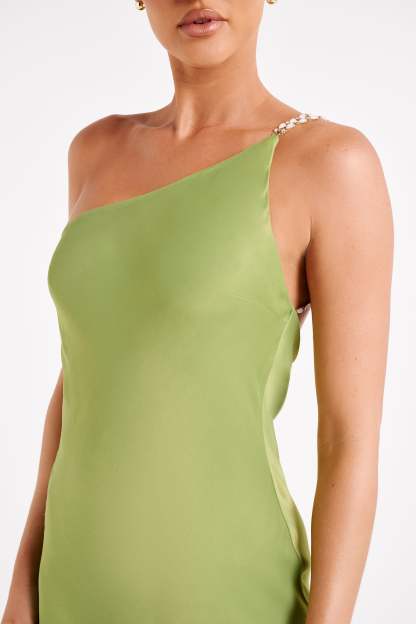 Berina One Shoulder Mini Dress With Pearl Trim - Parakeet Green-My Chic Way.All Rights Reserved