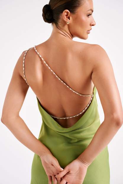 Berina One Shoulder Mini Dress With Pearl Trim - Parakeet Green-My Chic Way.All Rights Reserved