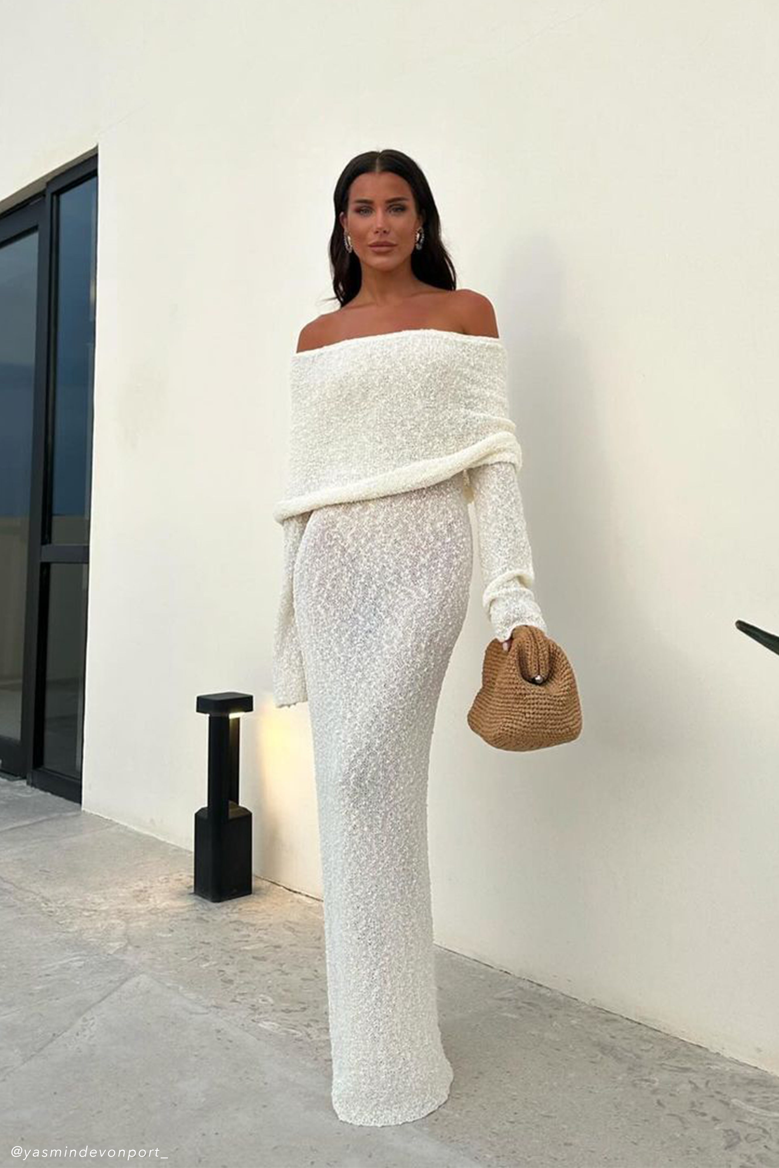 Marisol Off Shoulder Boucle Maxi Dress - Ivory-My Chic Way.All Rights Reserved