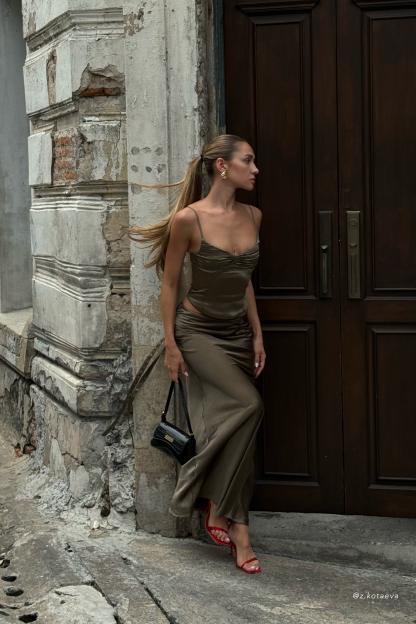 Khalani Ruched Satin Maxi Skirt - Khaki-My Chic Way.All Rights Reserved