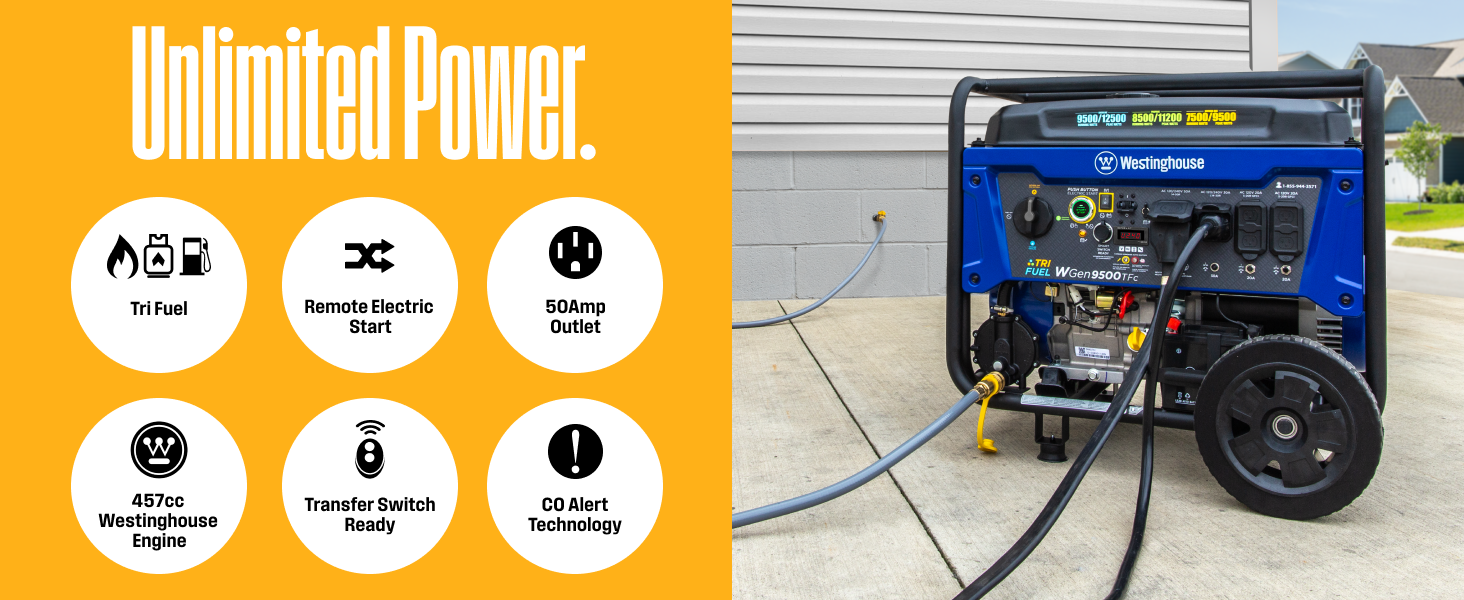 WGen9500TFc tri-fuel portable generator is hooked up to a natural gas line outside a building.