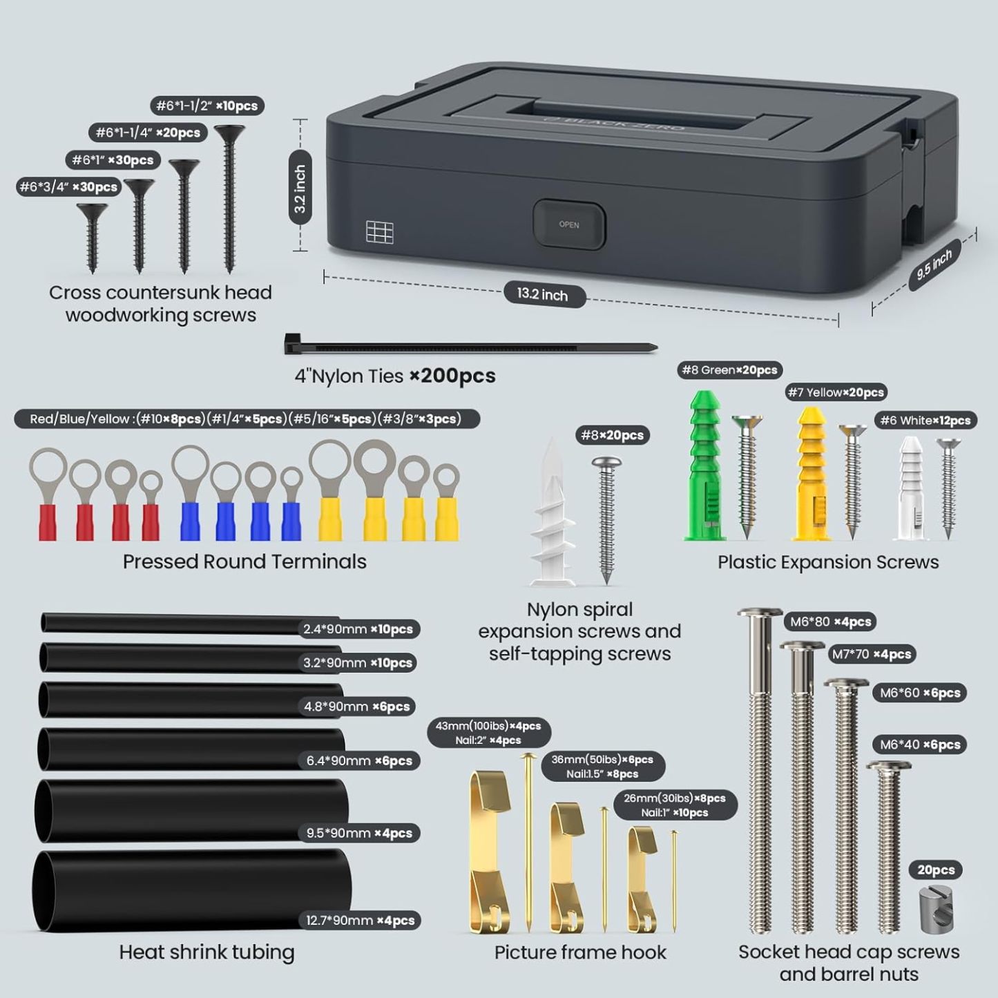 525 Mechanics Tools Kit - Expansion Screws, Cold Pressed Round Terminals, Hexagon Socket Head Cap Screws And Barrel Nuts Parts Storage Case Tools Box Organizer Hardware Organizers