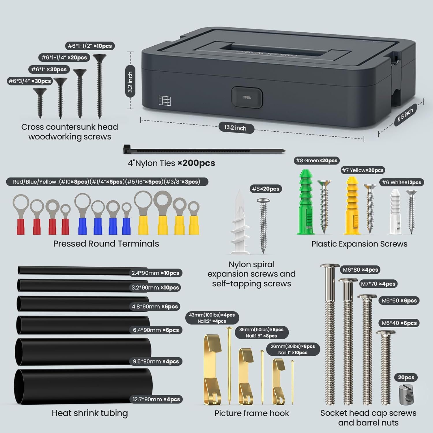 525 Mechanics Tools Kit - Expansion Screws, Cold Pressed Round Terminals, Hexagon Socket Head Cap Screws And Barrel Nuts Parts Storage Case Tools Box Organizer Hardware Organizers