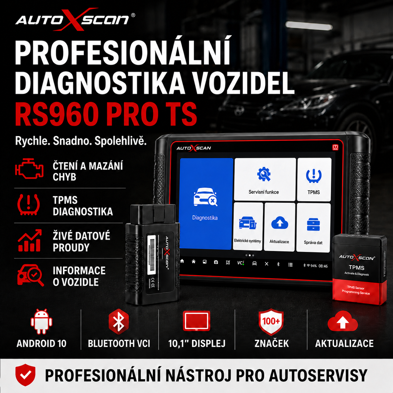 AUTOXSCAN RS960 PRO je profesionální diagnostický přístroj pro automobily, který podporuje skenování celého systému, analýzu závad a diagnostiku a programování TPMS, což umožňuje rychlé a přesné řešení problémů s vozidlem.