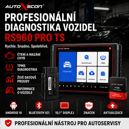 AUTOXSCAN RS960 PRO je profesionální diagnostický přístroj pro automobily, který podporuje skenování celého systému, analýzu závad a diagnostiku a programování TPMS, což umožňuje rychlé a přesné řešení problémů s vozidlem.
